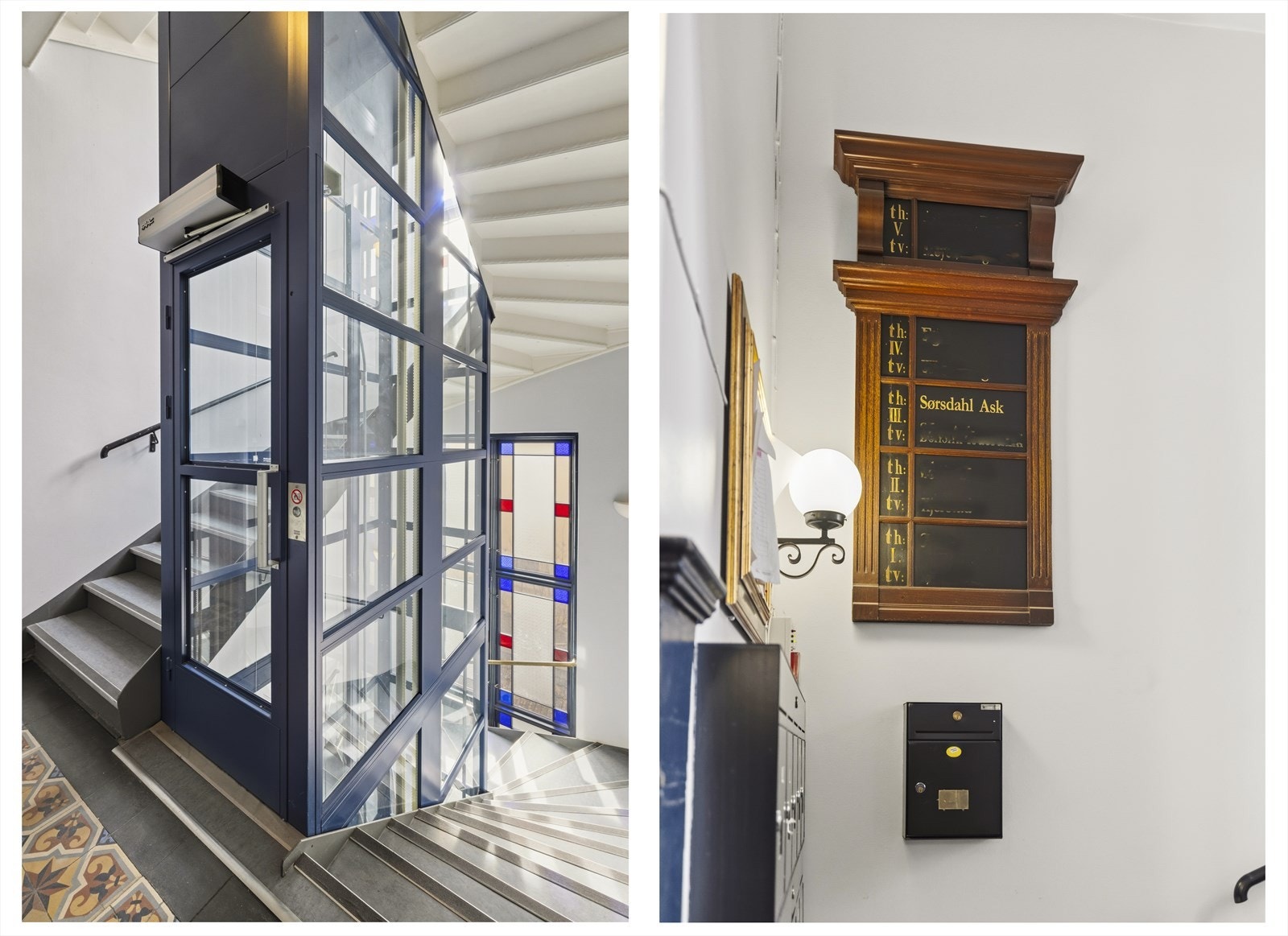 Personheis i romslig trapperom. Legg merke til de flotte vinduene som er restaurert Galleribilde