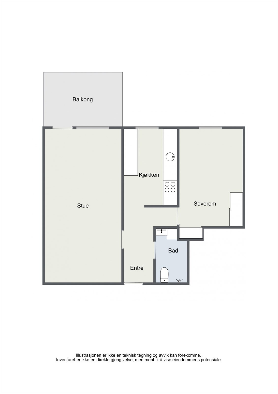 Leiligheten har en arealeffektiv planløsning på 56 m² som omfatter ett soverom, bad, kjøkken og en romslig stue. Galleribilde
