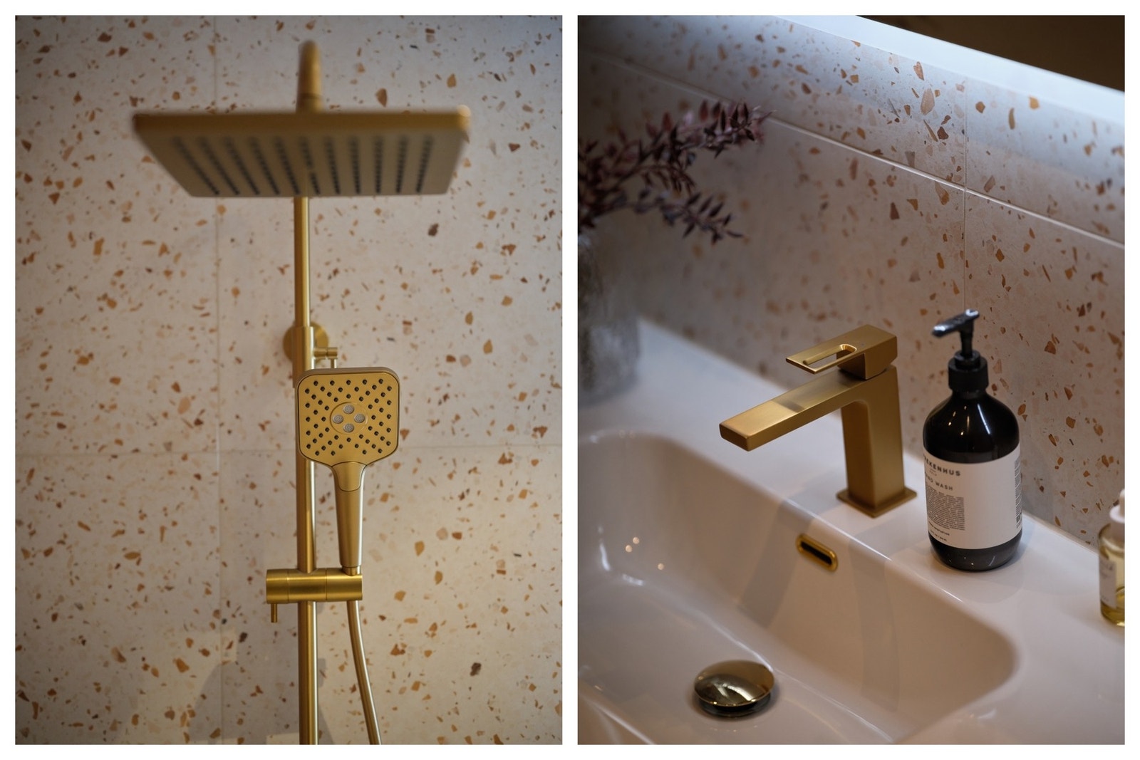 Lekre detaljer og terrazzo-inspirerte fliser som gir badet et eksklusivt og gjennomført uttrykk. Galleribilde