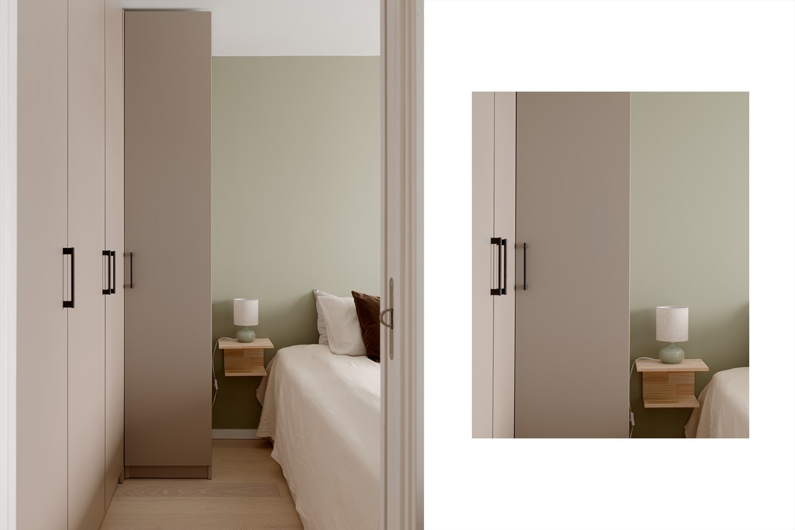 Garderobeskapet byr på rikelig med oppbevaringsplass, noe som gjør det enkelt å holde rommet ryddig og organisert. Galleribilde