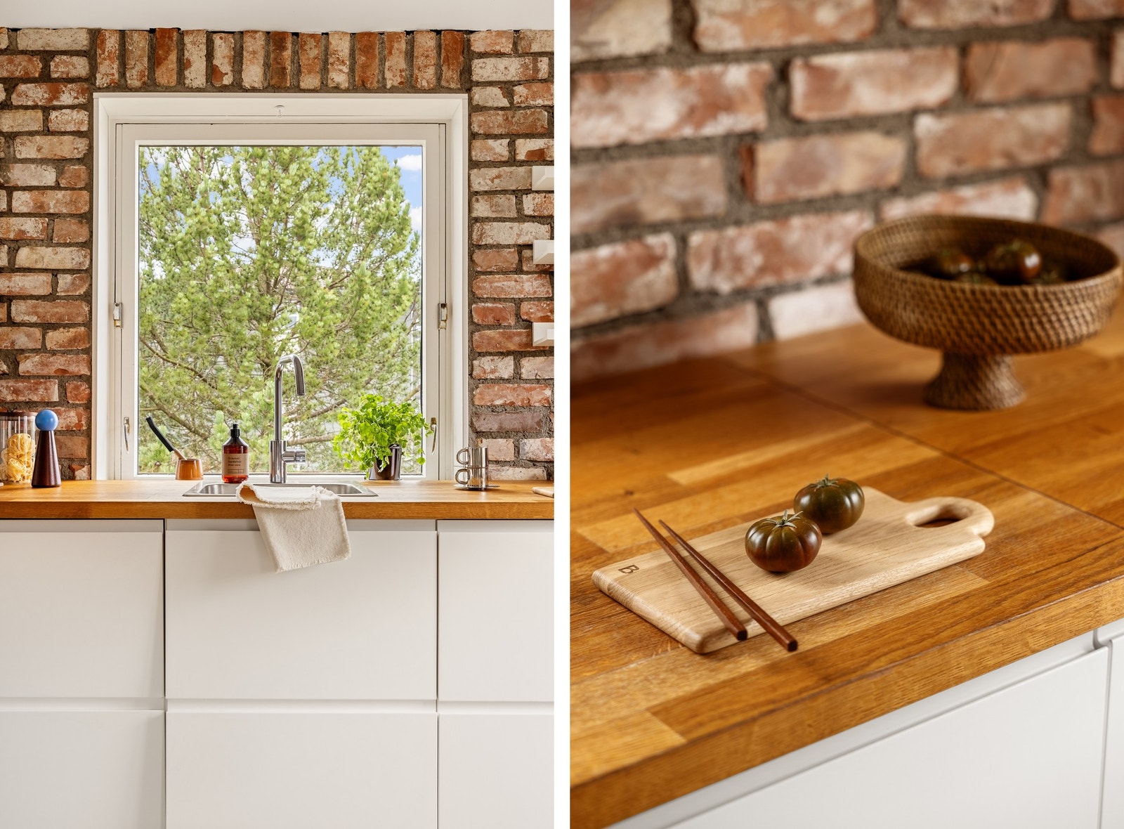 Kjøkkeninnredningen har slette fronter og heltre benkeplate med nedfelt vask i stål. Integrerte hvitevarer består av stekeovn, platetopp, ventilator, kjøleskap med frysedel og oppvaskmaskin. Galleribilde