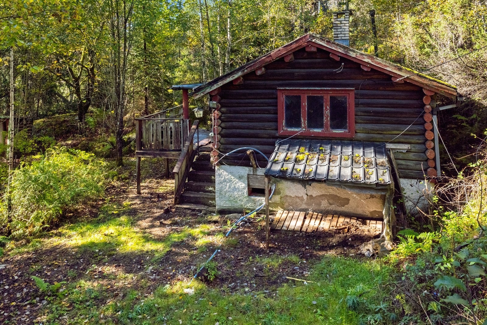 Adkomst til hytten via en tretrapp fra 2006, som leder ned fra en støttemur. Galleribilde