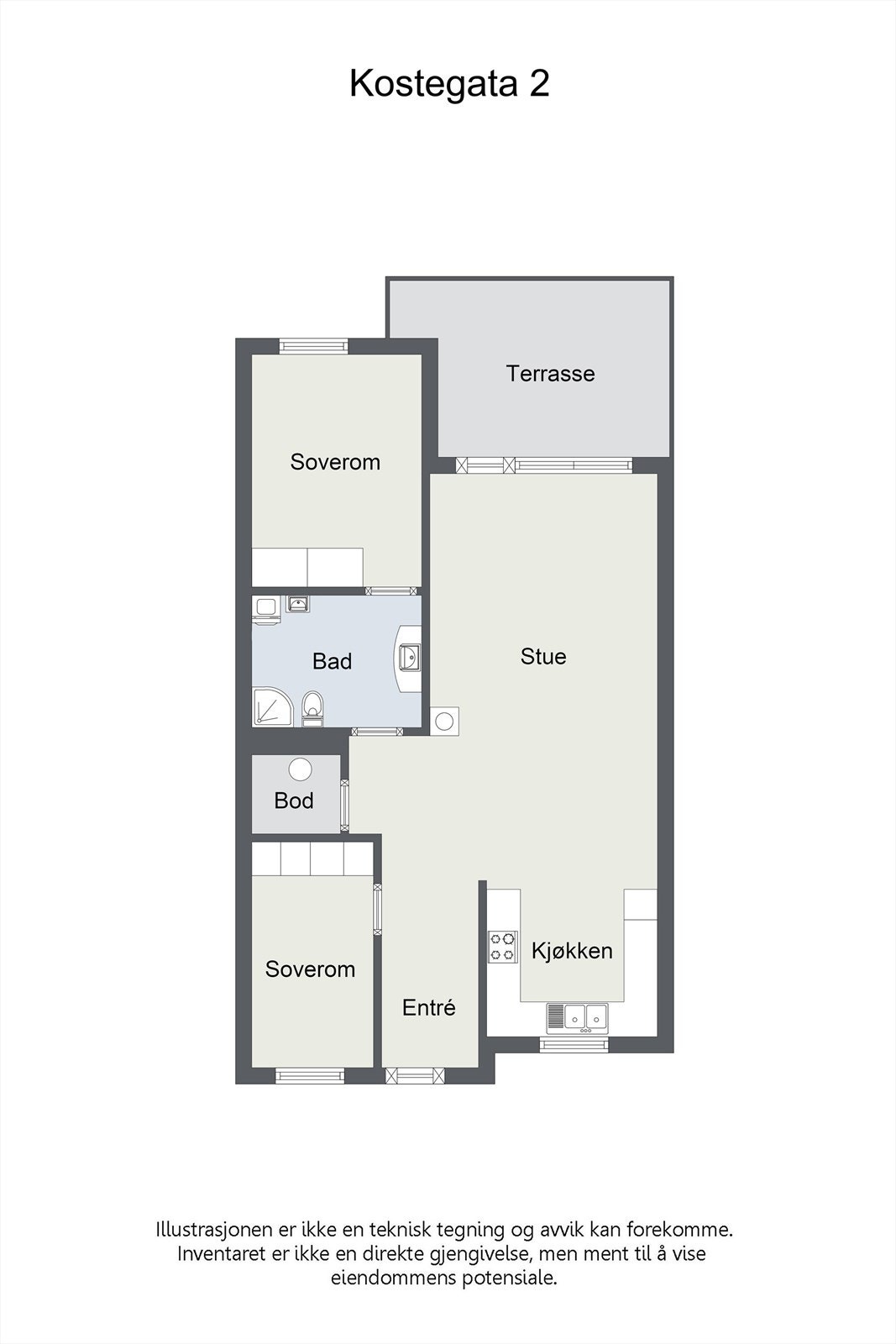 Leiligheten har en effektiv planløsning på 74 m² (BRA-i) med to soverom, åpen stue- og kjøkkenløsning og en innvendig bod. Galleribilde