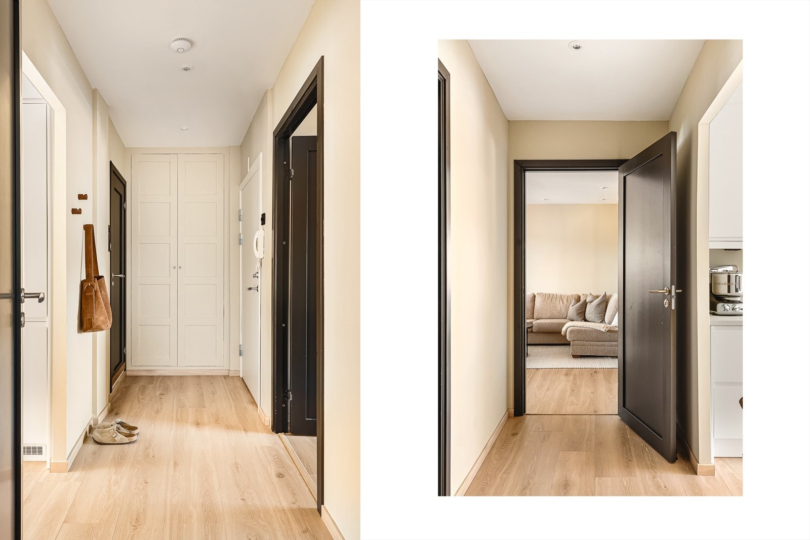 Entré/gang på 5,3 kvm med et helhetlig og oppgradert uttrykk. Innerdører ble skiftet ut i 2022/2023, og ytterdør ble fornyet i 2023. Det er installert dørtelefon i entréen, samt innebygd garderobeskap med nye skapdører fra 2024. Galleribilde