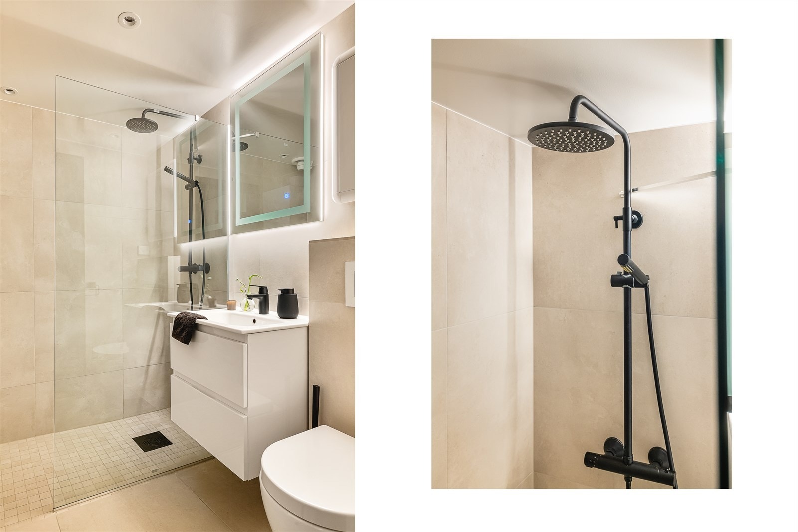 Rommet er funksjonelt innredet med servant med tilhørende møblement, speil med belysning, høyskap, vegghengt toalett og dusjløsning med glassvegg og moderne dusjgarnityr. Arbeidene er fagmessig utført av profesjonelle aktører. Galleribilde