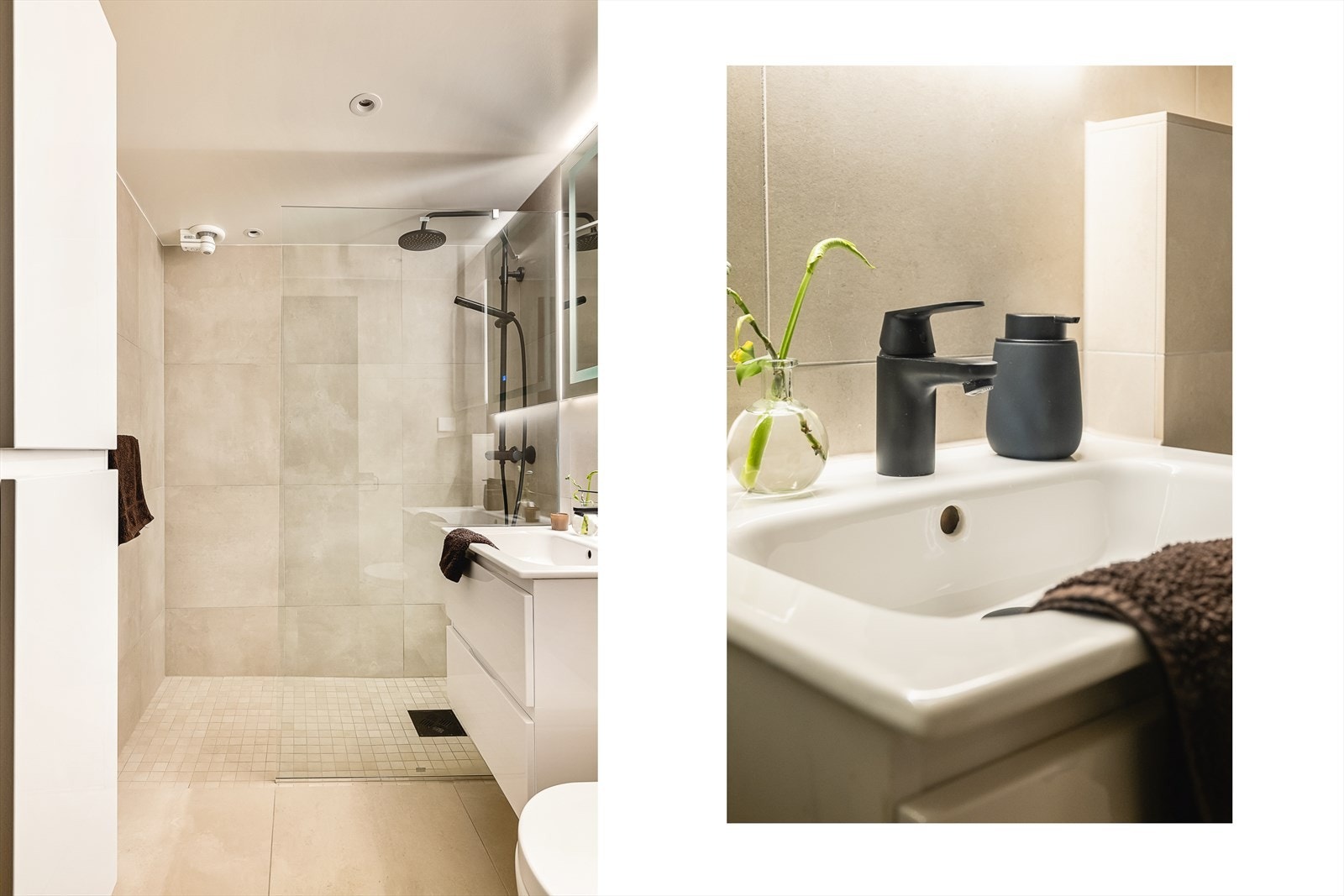 Delikat og moderne bad som ble totalrenovert i 2023. Badet har keramiske fliser på gulv og vegger, samt malt himling med integrerte LED-spotlights som gir et behagelig og godt lys. Galleribilde