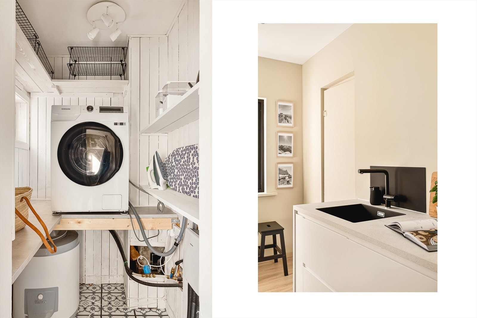 Fra kjøkkenet er det direkte adkomst til en praktisk bod på ca. 2 kvm. Boden ble innredet i 2023 med hyller og benkeplate, og inneholder varmtvannstank (ca. 100 liter) samt opplegg for vaskemaskin. Galleribilde