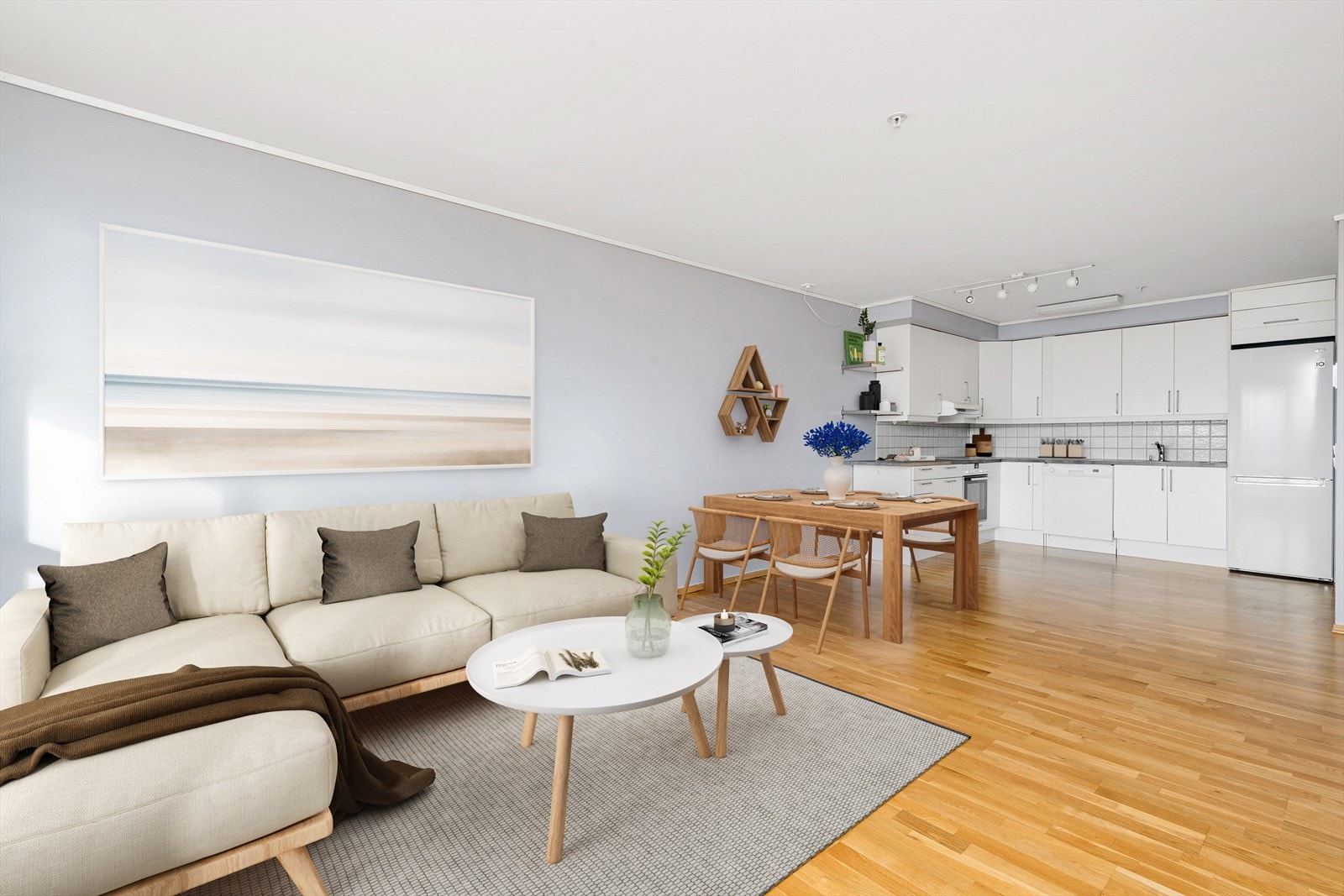 Stue og kjøkken er i åpen løsning - digitalt møblert foto Galleribilde