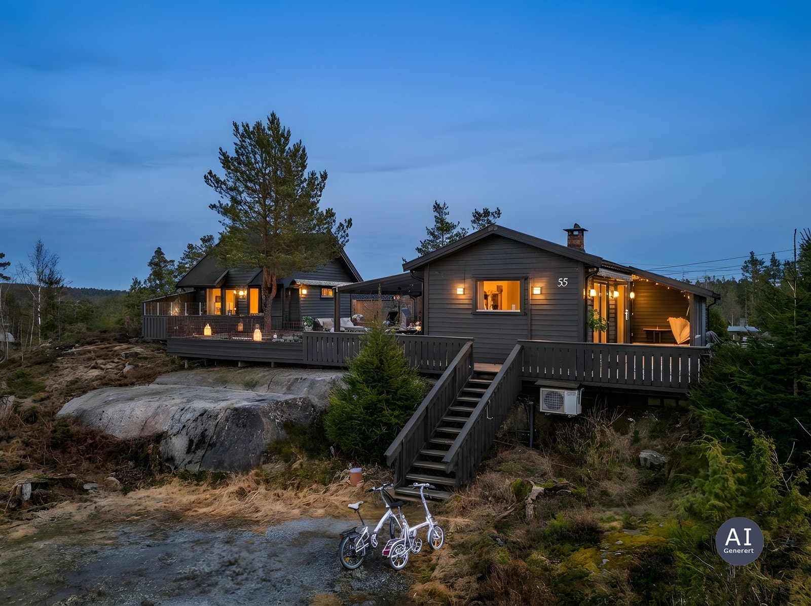 Eiendommen er like stemningsfull etter mørkets frembrudd, med flott utebelysning. Galleribilde