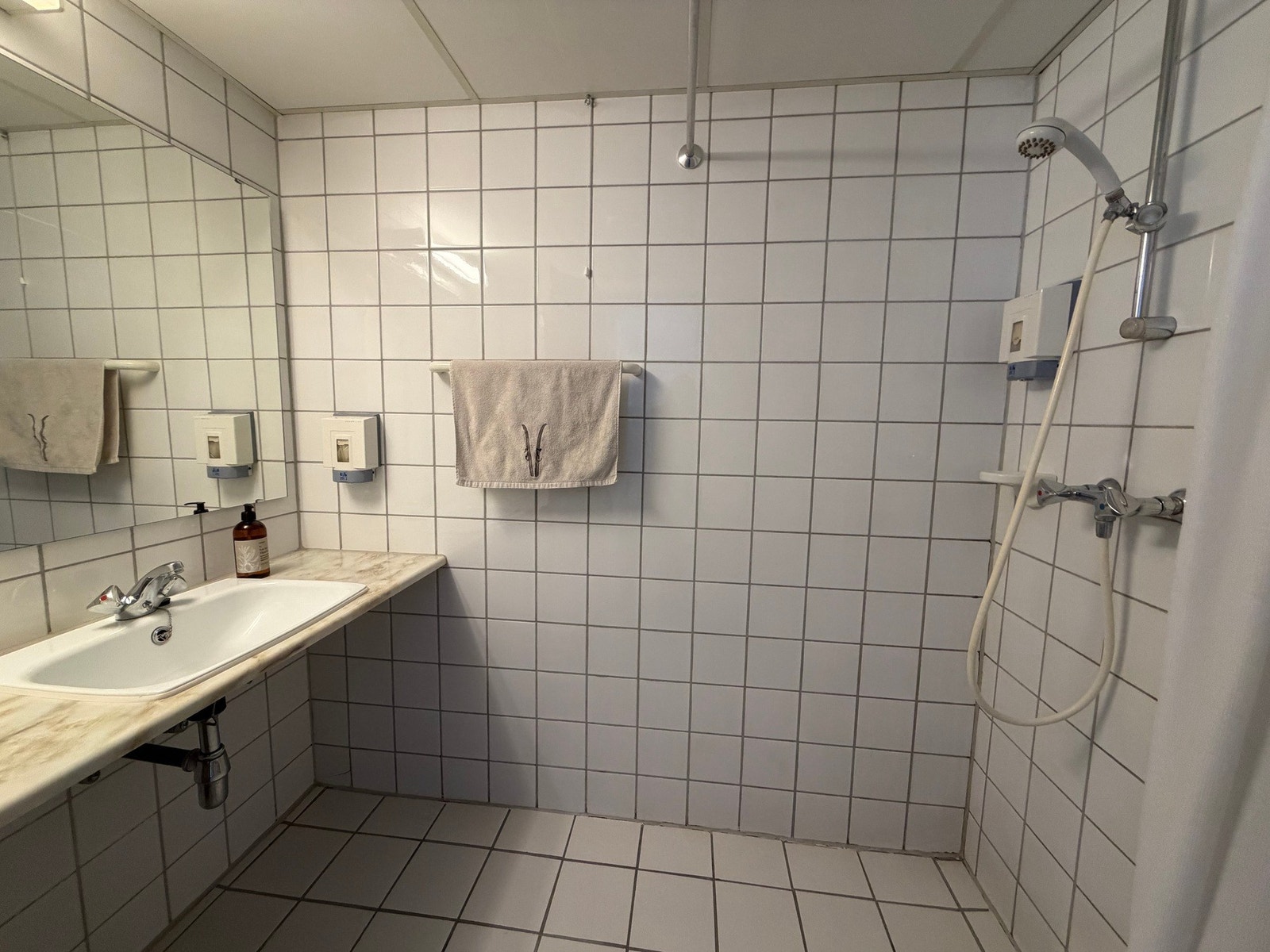 Baderommet har lyse fliser med dusj, servant og gulvstående toalett. Galleribilde