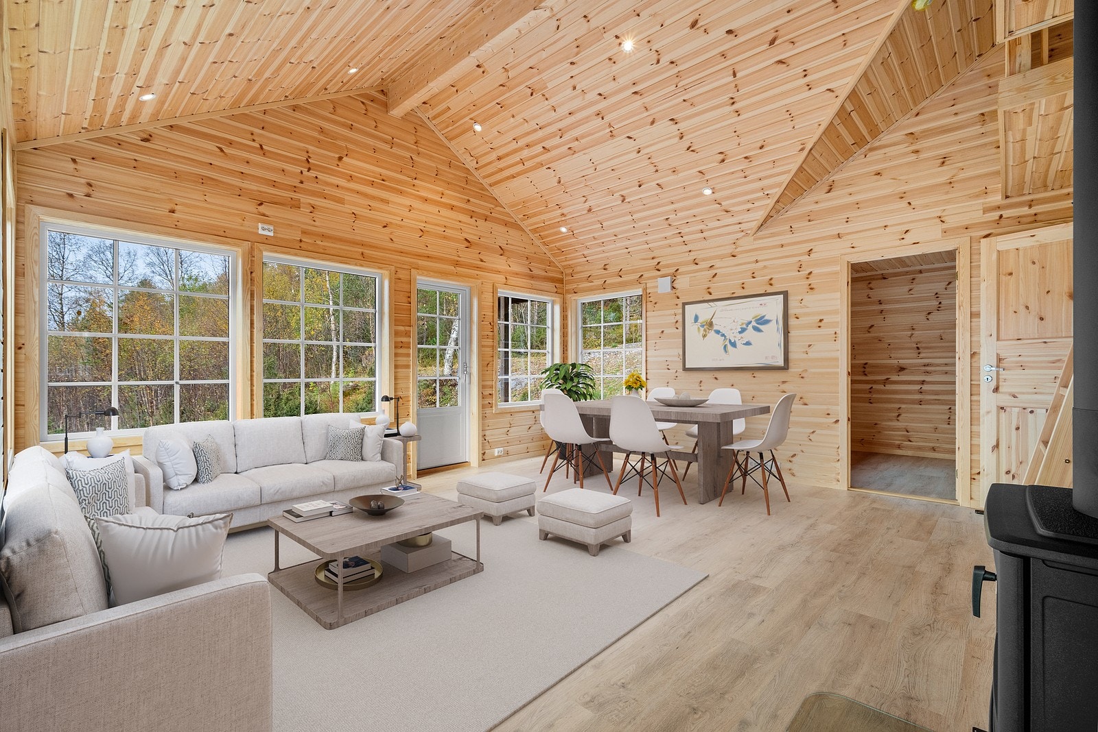 Bildet viser stua innredet med virtuell møblering. Galleribilde