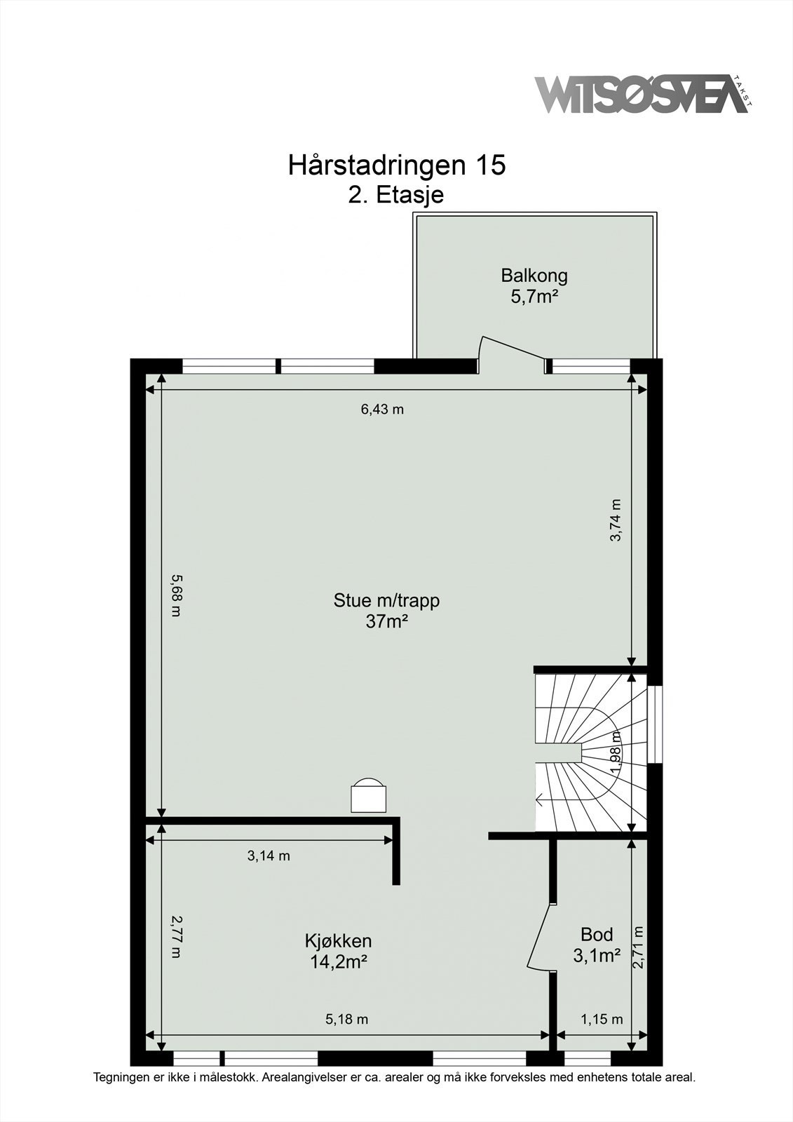 Andre etasje rommer stue og kjøkken, en bod og har utgang til en balkong på 6 m². Galleribilde
