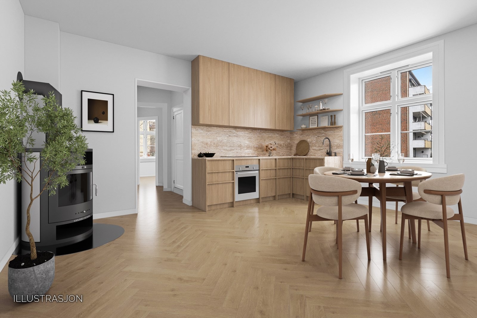 Illustrasjon som viser en mulig løsning med åpen stue- stue og kjøkkenløsning. Se nøye punkt "diverse" i salgsoppgaven for mer info. Dette er kun ment som en ide til ny kjøper, og ny kjøper må selv sjekke ut hva som er lovmessig å utføre m.m. Galleribilde