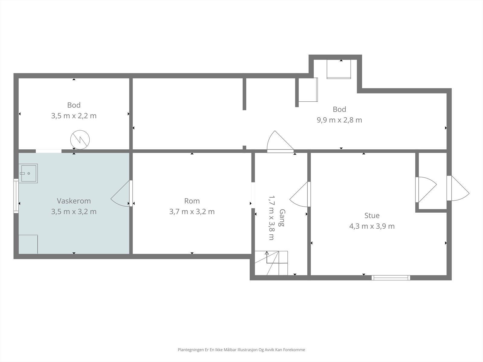 Kjelleretasjen inneholder vaskerom, teknisk rom, bod og flere disponible rom. Rommene er definert som tilleggsdel. Galleribilde
