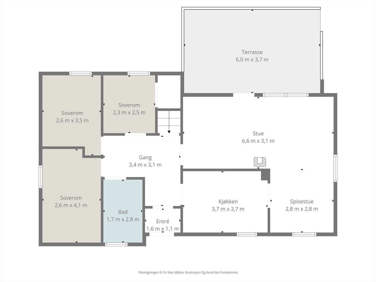 Hovedetasjen har en praktisk planløsning med tre soverom, bad, stue og kjøkken. Herfra er det utgang til terrasse. Galleribilde