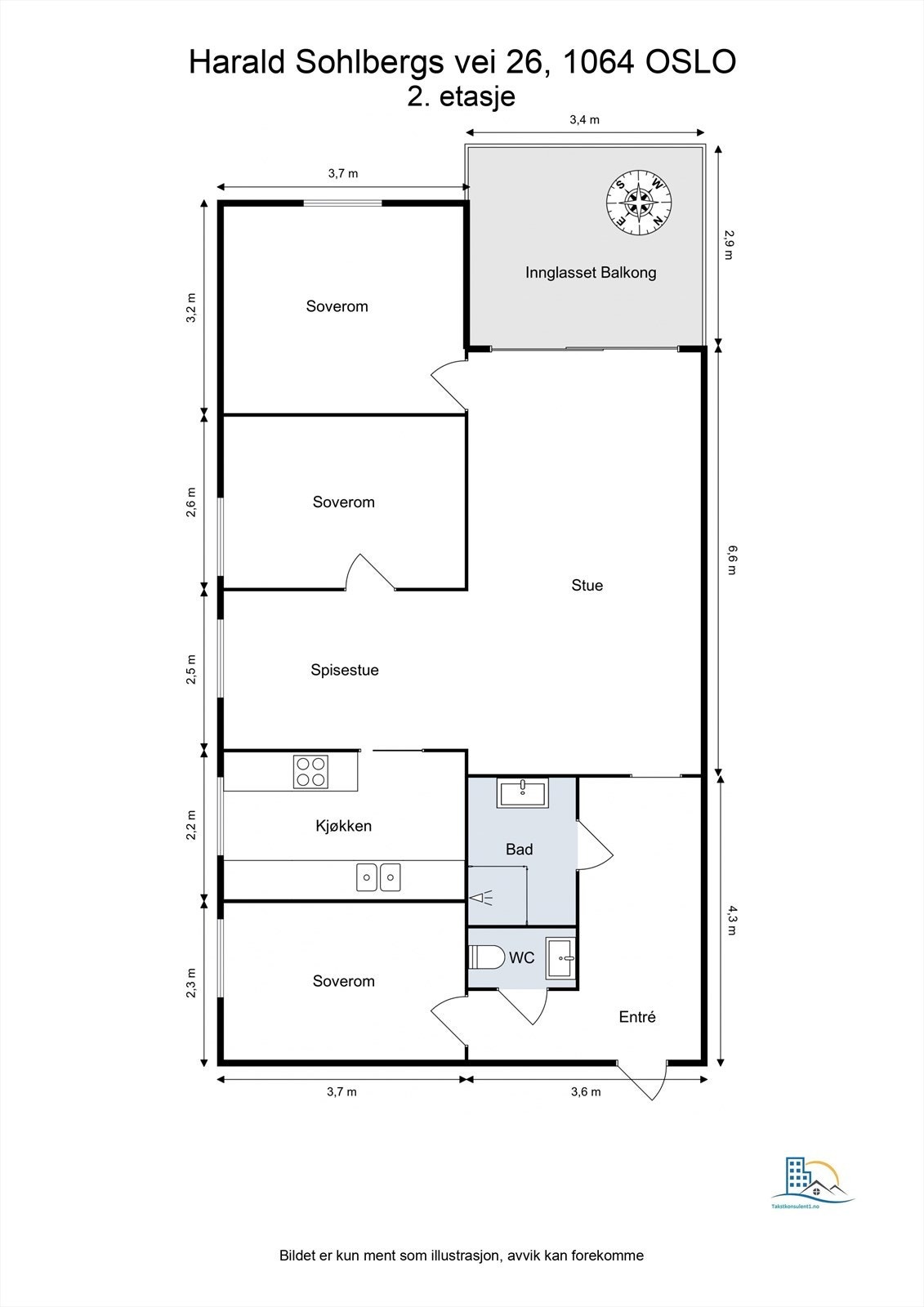 Leiligheten har en gjennomtenkt planløsning med tre soverom, separat toalettrom og en sosial samlingssone. Galleribilde