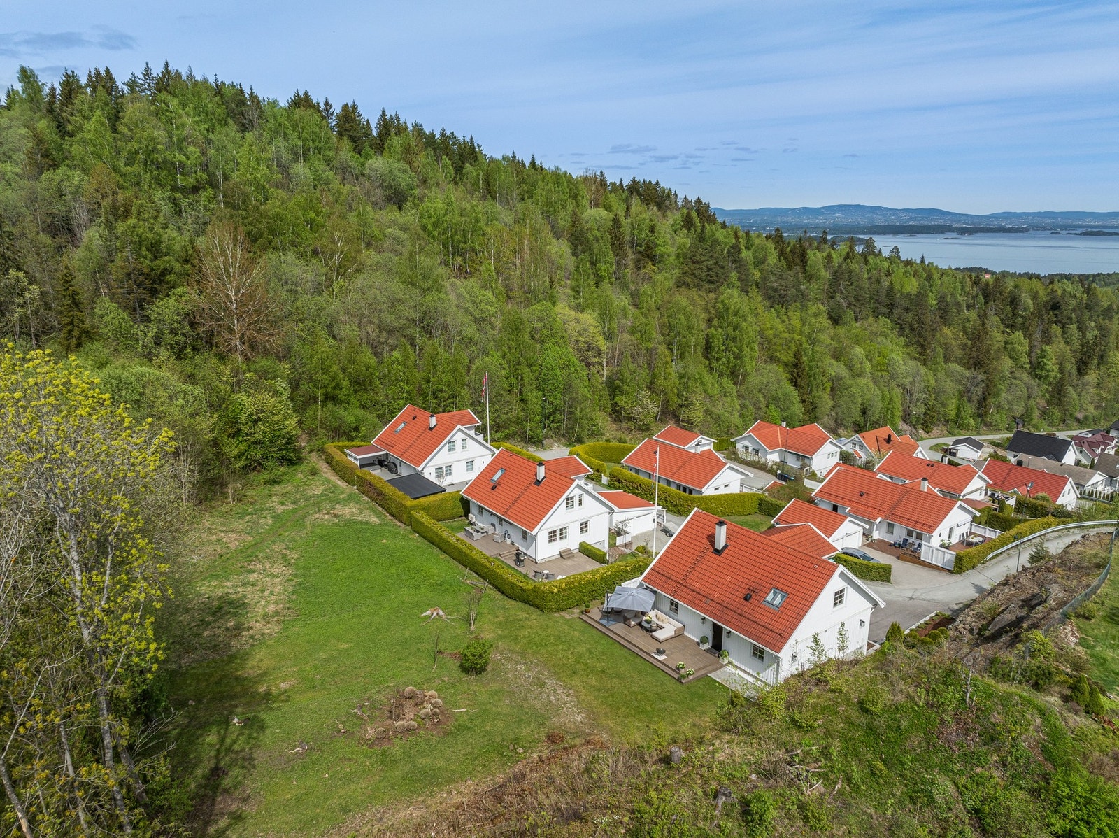 Tomtegrensen går der hekken til naboeiendommene fortsetter videre bortover. Galleribilde