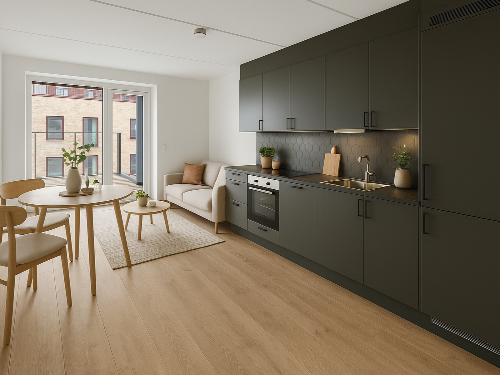 Et flott allrom av moderne og smakfull karakter (AI generert). Galleribilde