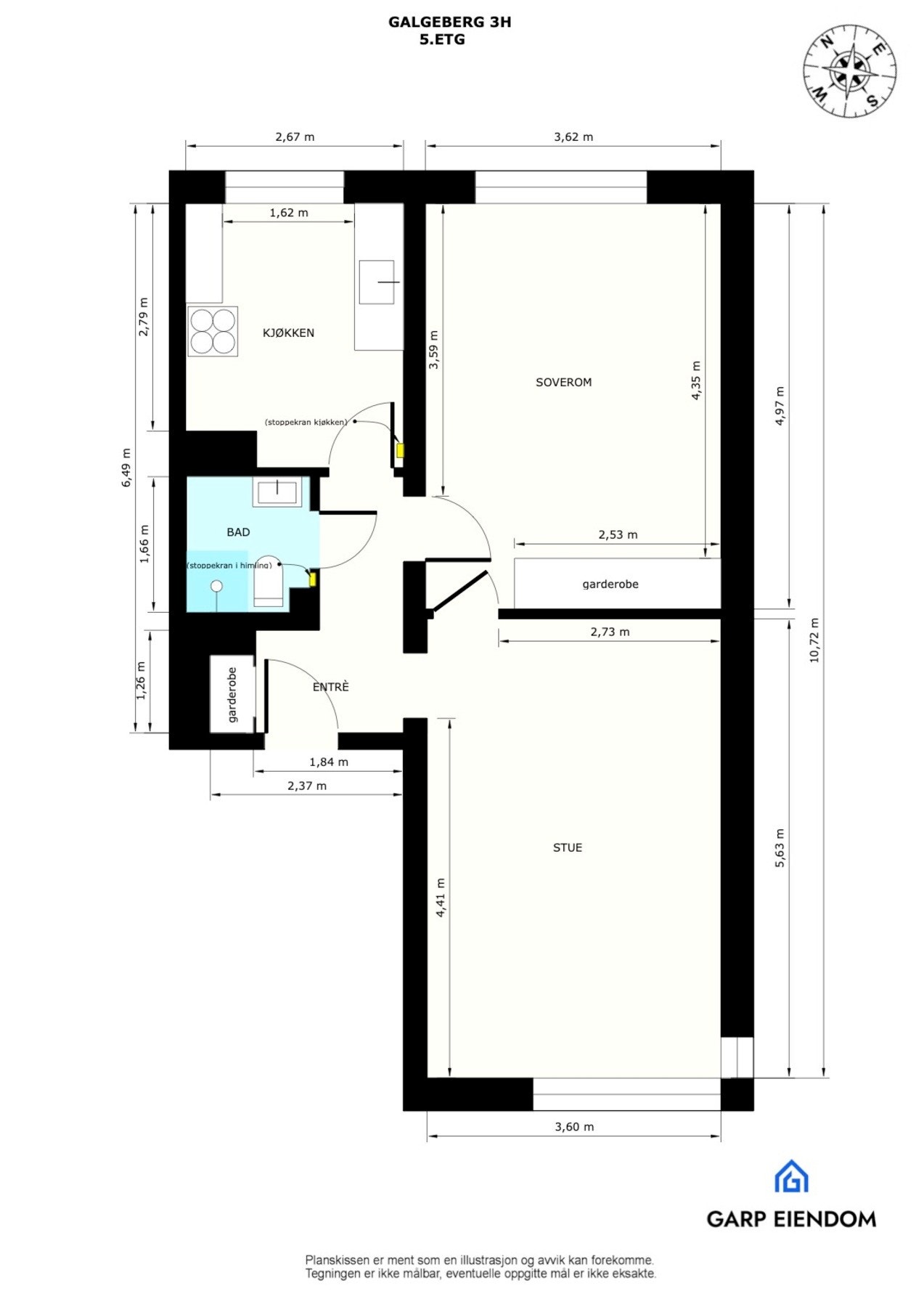 Plantegning med mål og kompass. Galleribilde