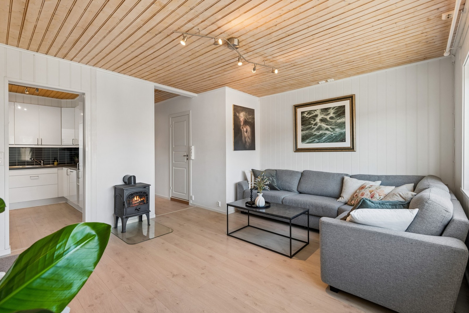 Leiligheten varmes opp med strøm og vedfyring. Galleribilde