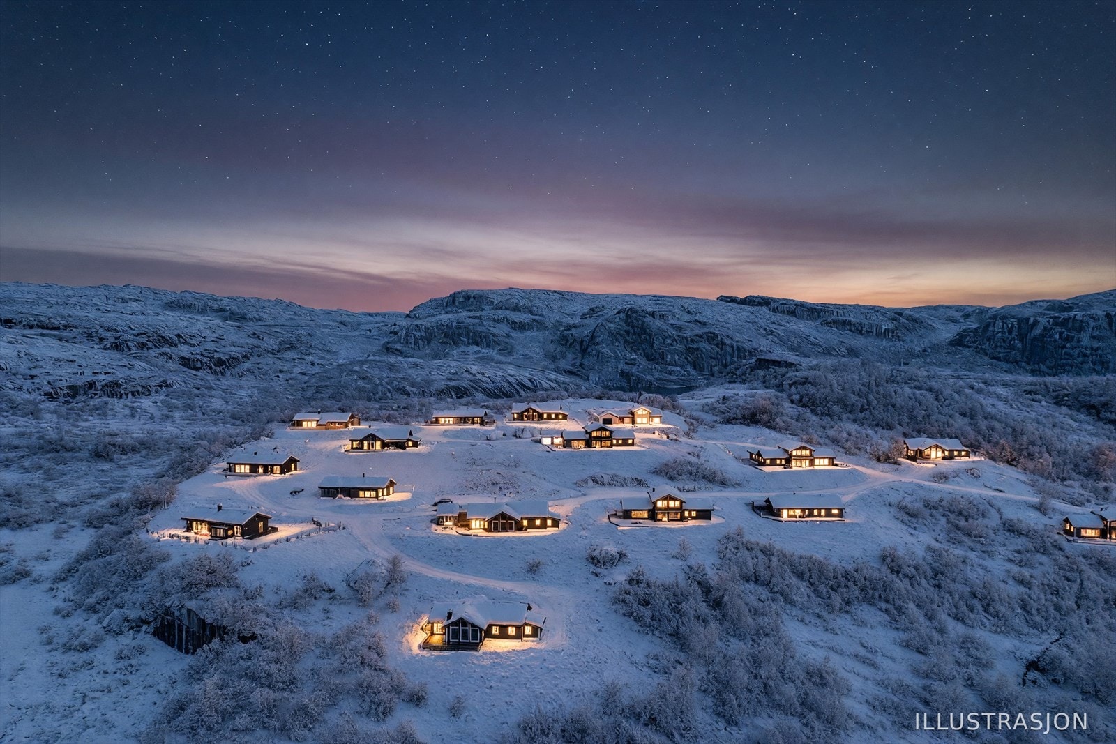 Hyttefeltet ligger avskjermet i idylliske omgivelser. Galleribilde