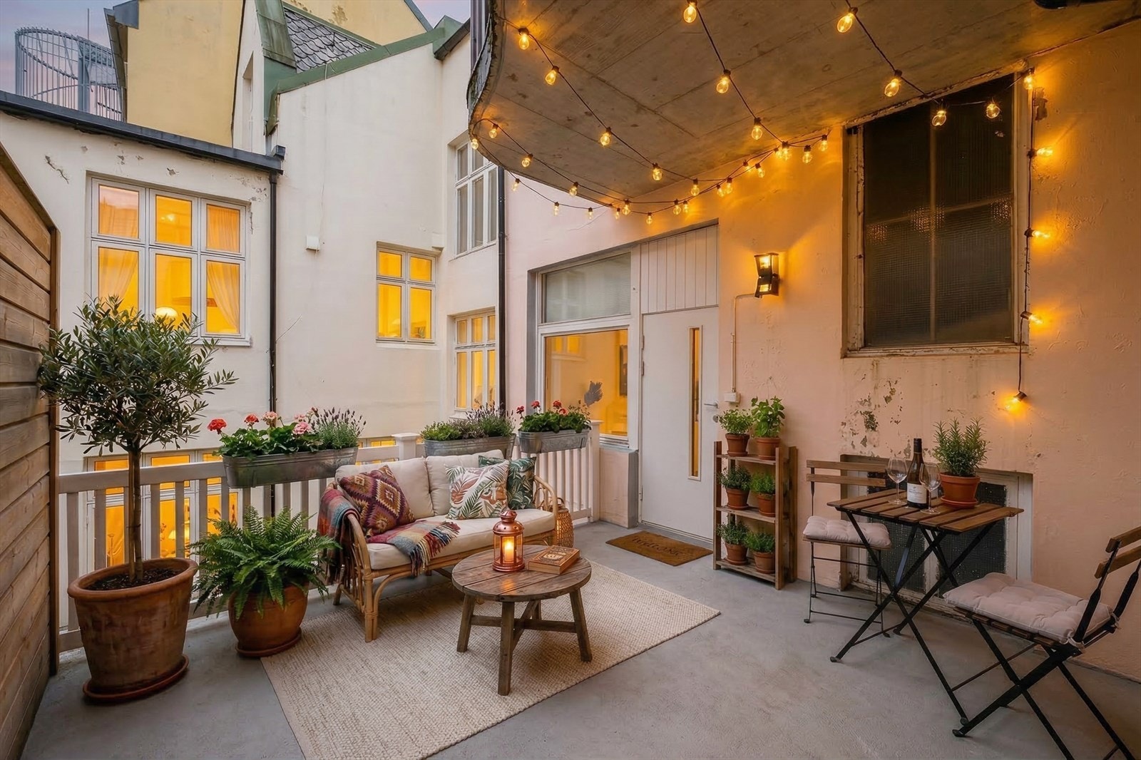 Koselig terrasse med flere møbeleringsmuligheter - Bilde er digital stylet Galleribilde