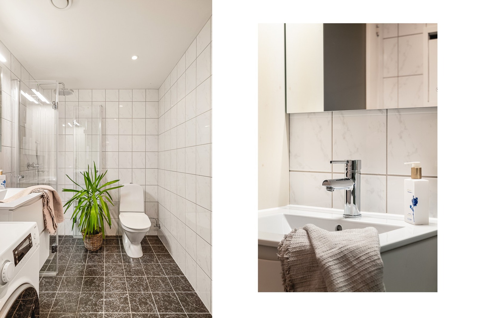 Helfliset bad på 4,2 m² med varmekabler i gulvet som er innredet med toalett, helstøpt servant med skuffer under i slette fronter, samt dusjdører i klart glass. Galleribilde