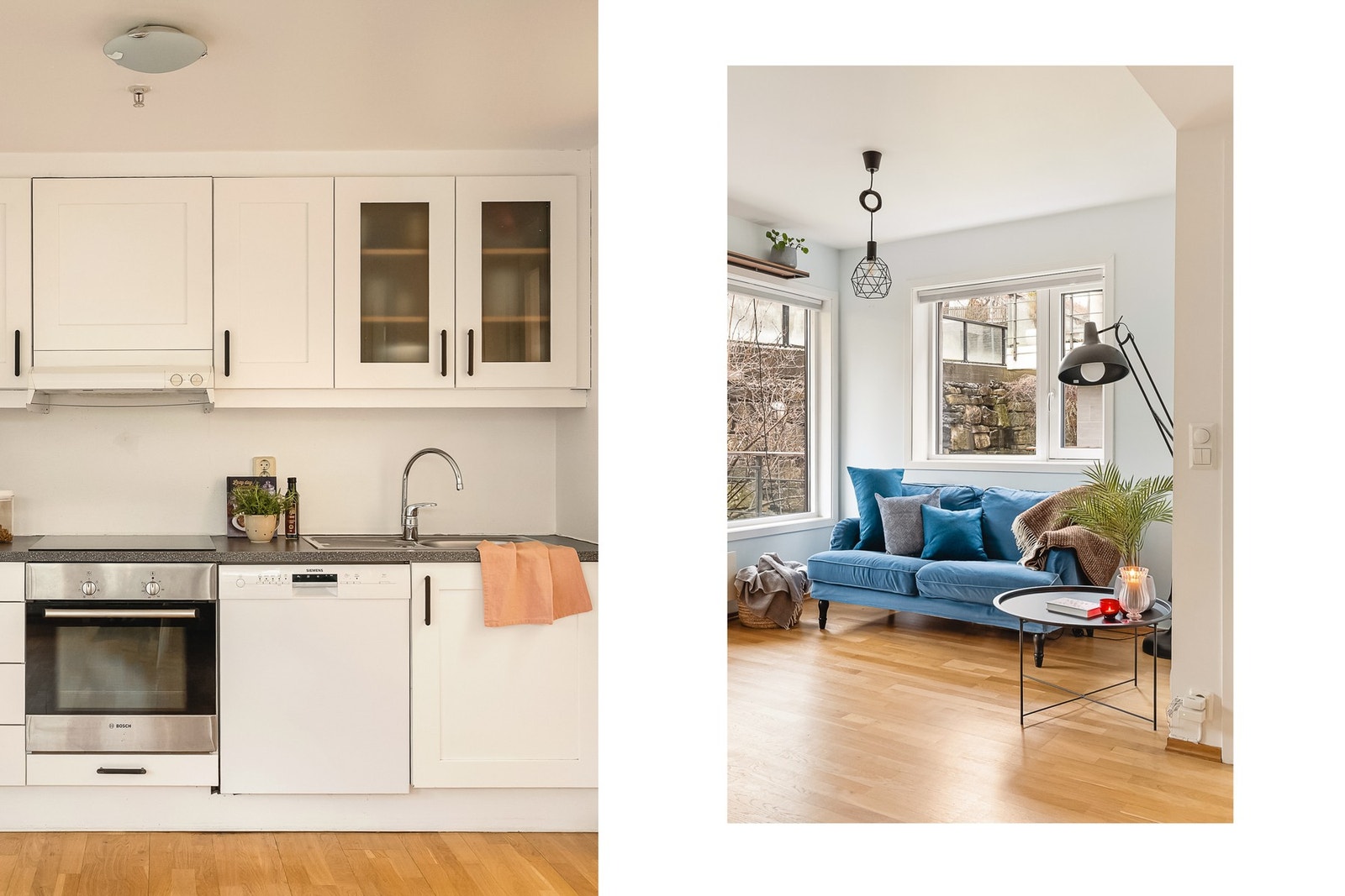 Videre inn i leiligheten møter man en åpen og lys stue- og kjøkkenløsning på 16,8 m². Galleribilde