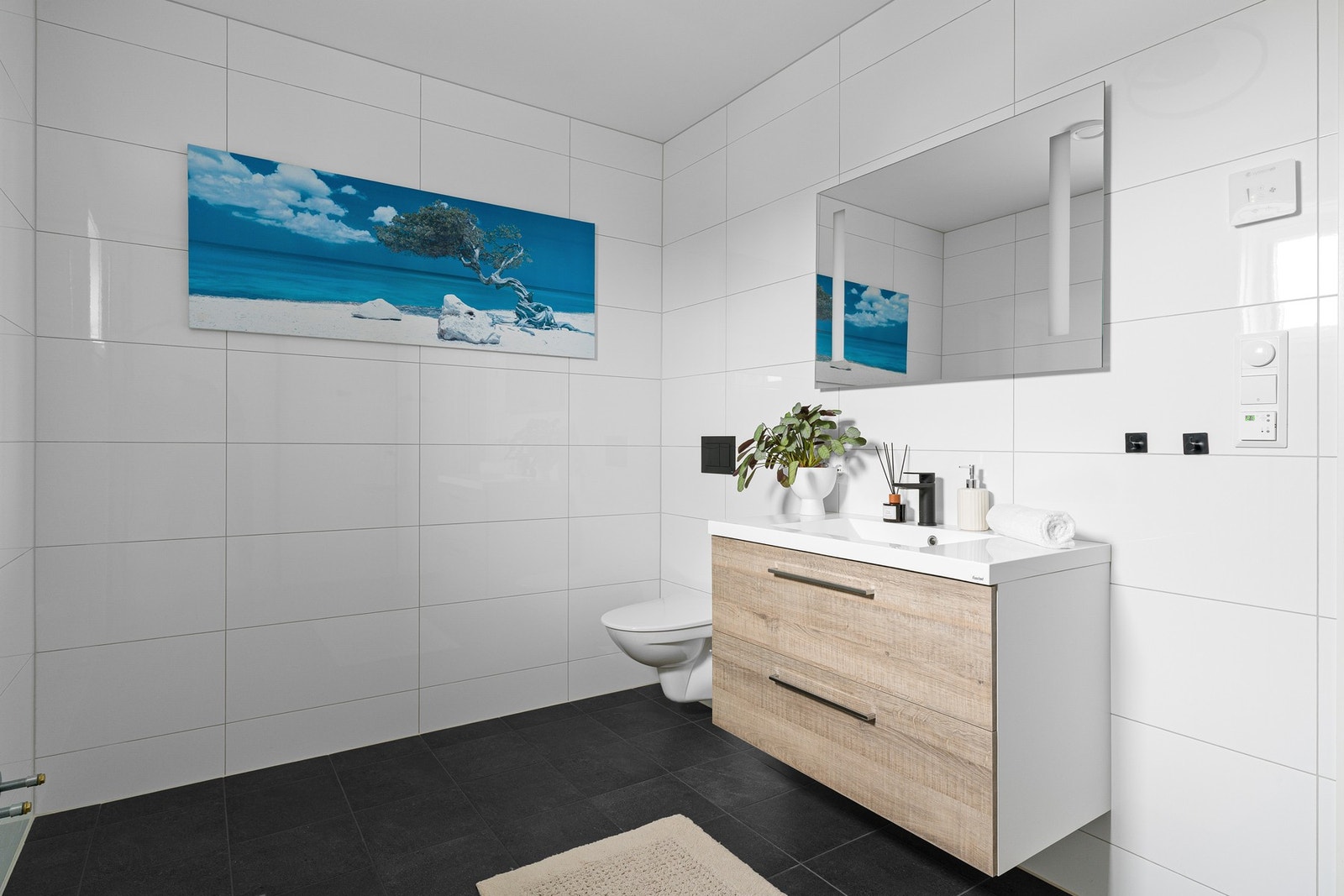 Baderomsinnredningen består av en heldekkende servant montert på en vegghengt skuffeseksjon, speil med integrert belysning, vegghengt toalett og et dusjhjørne med regndusj og stilrene, svarte detaljer. Galleribilde