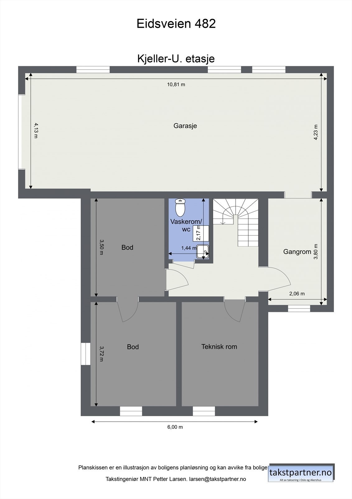 Planskisse kjeller. I kjelleretasjen finnes et kombinert vaskerom/wc. Galleribilde