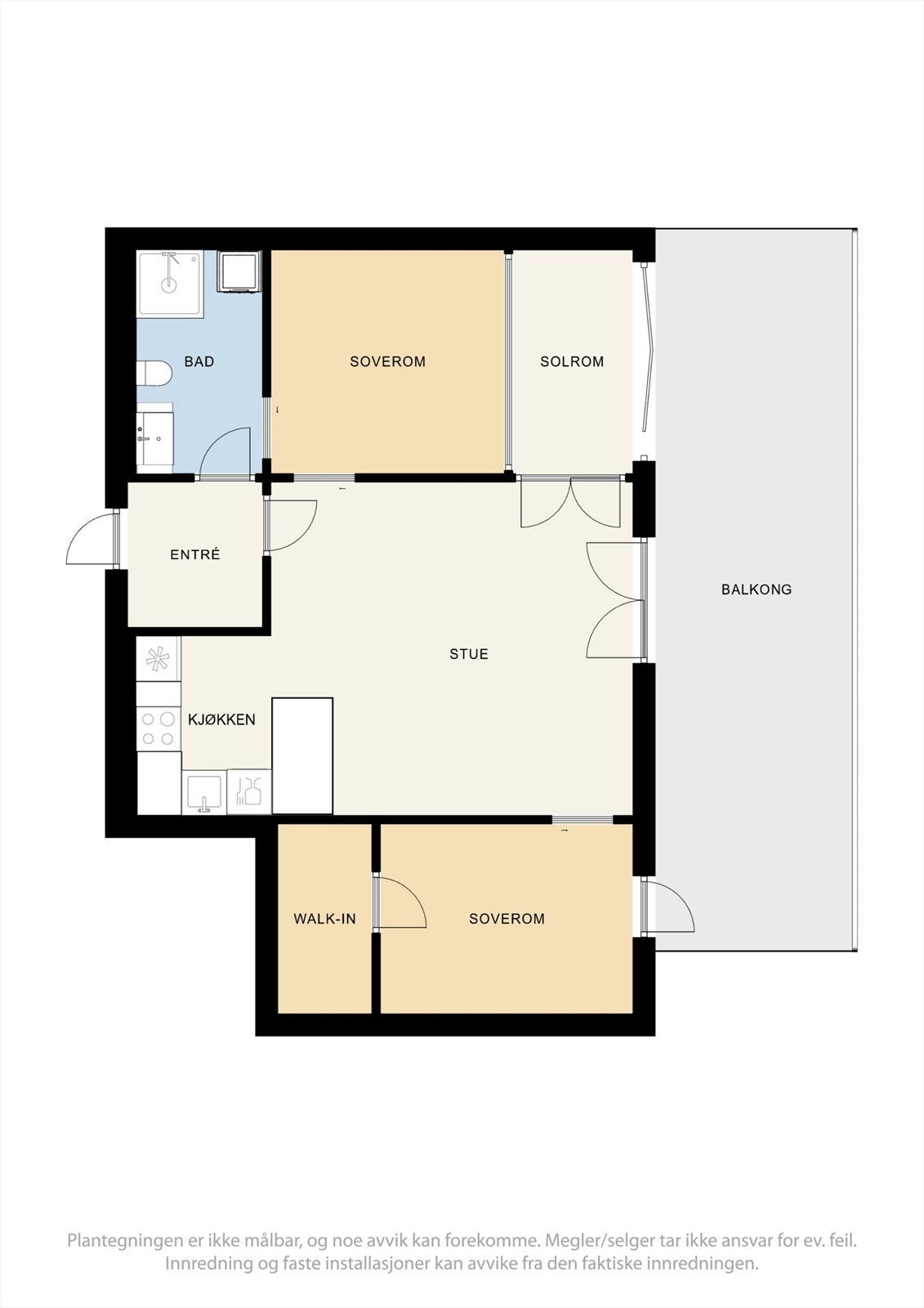 Leiligheten på 62 m² har en effektiv planløsning med åpen stue- og kjøkkenløsning, to soverom og bad med adkomst fra både entré og hovedsoverom. Galleribilde