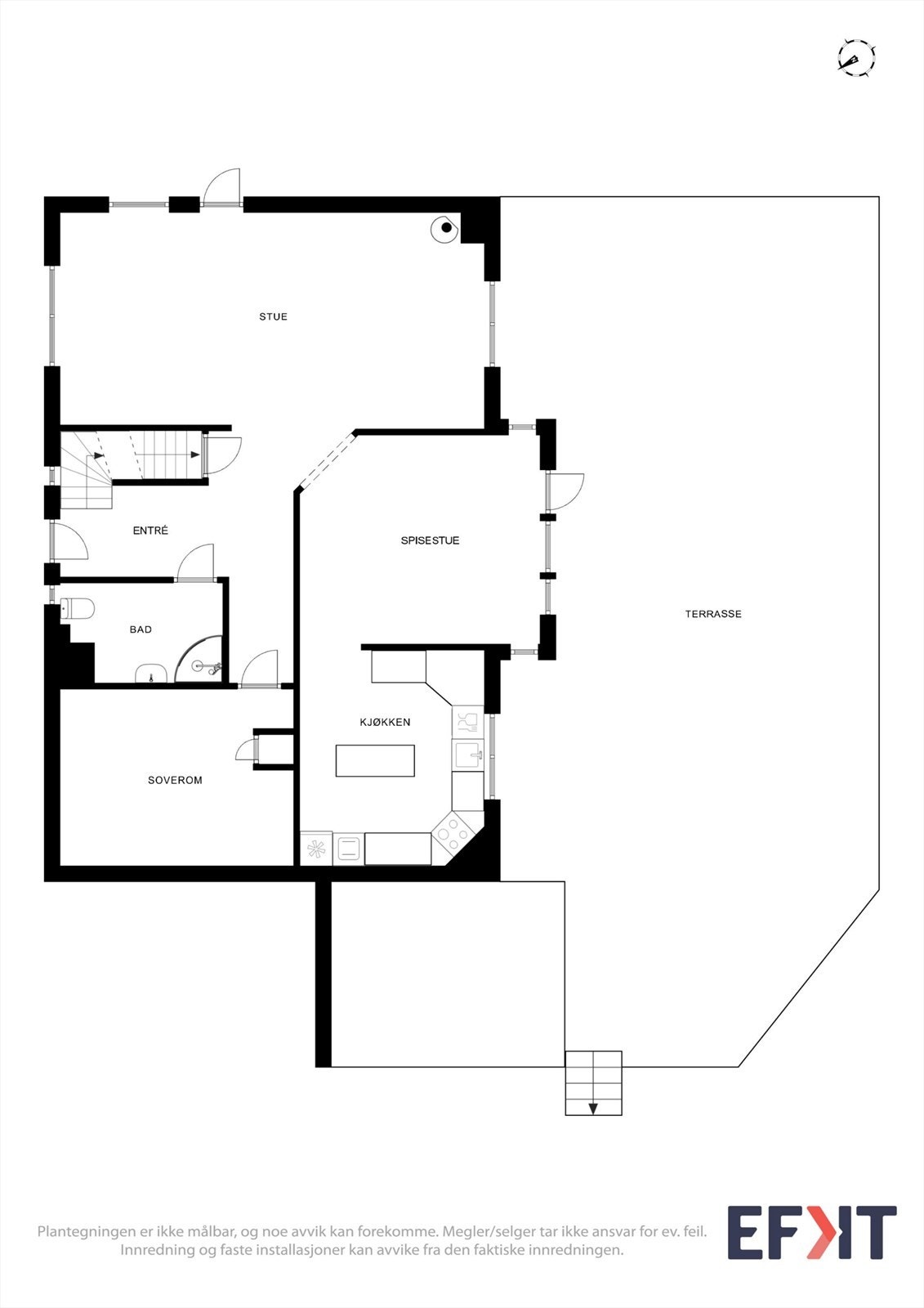 Første etasje har en funksjonell planløsning med stue, spisestue, kjøkken, bad og et soverom. Galleribilde