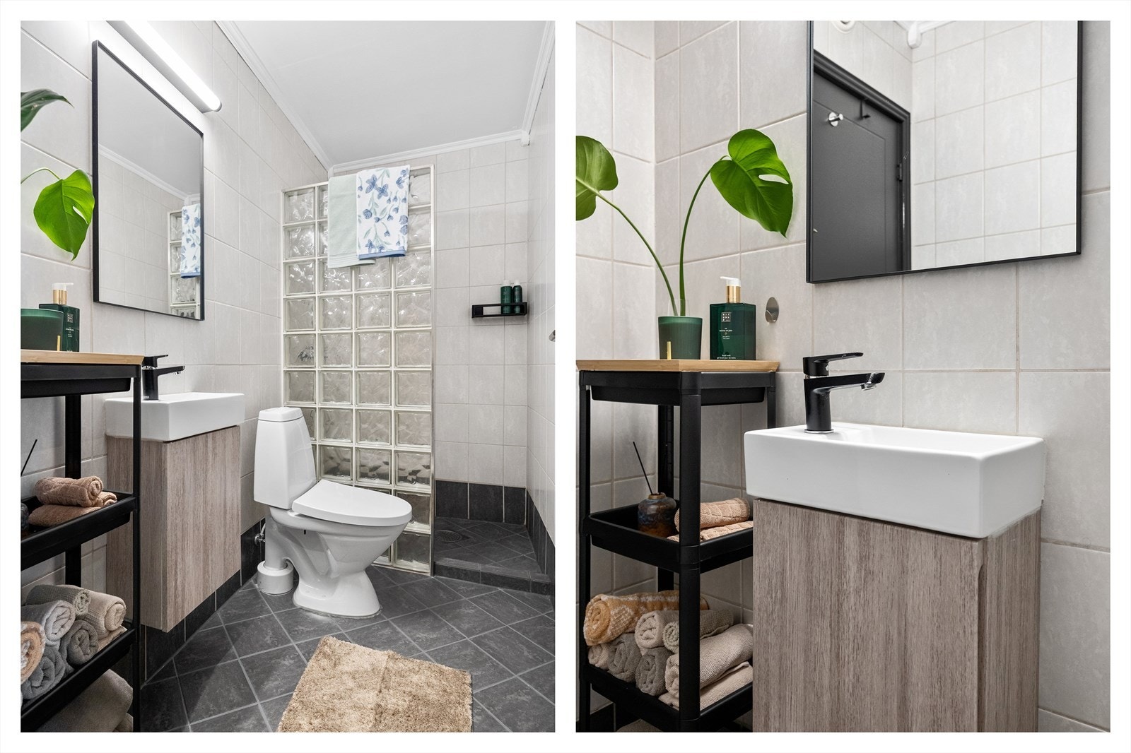 Leiligheten har to pene bad. Bad 1 er innredet med servant, dusjhjørne og toalett. Galleribilde