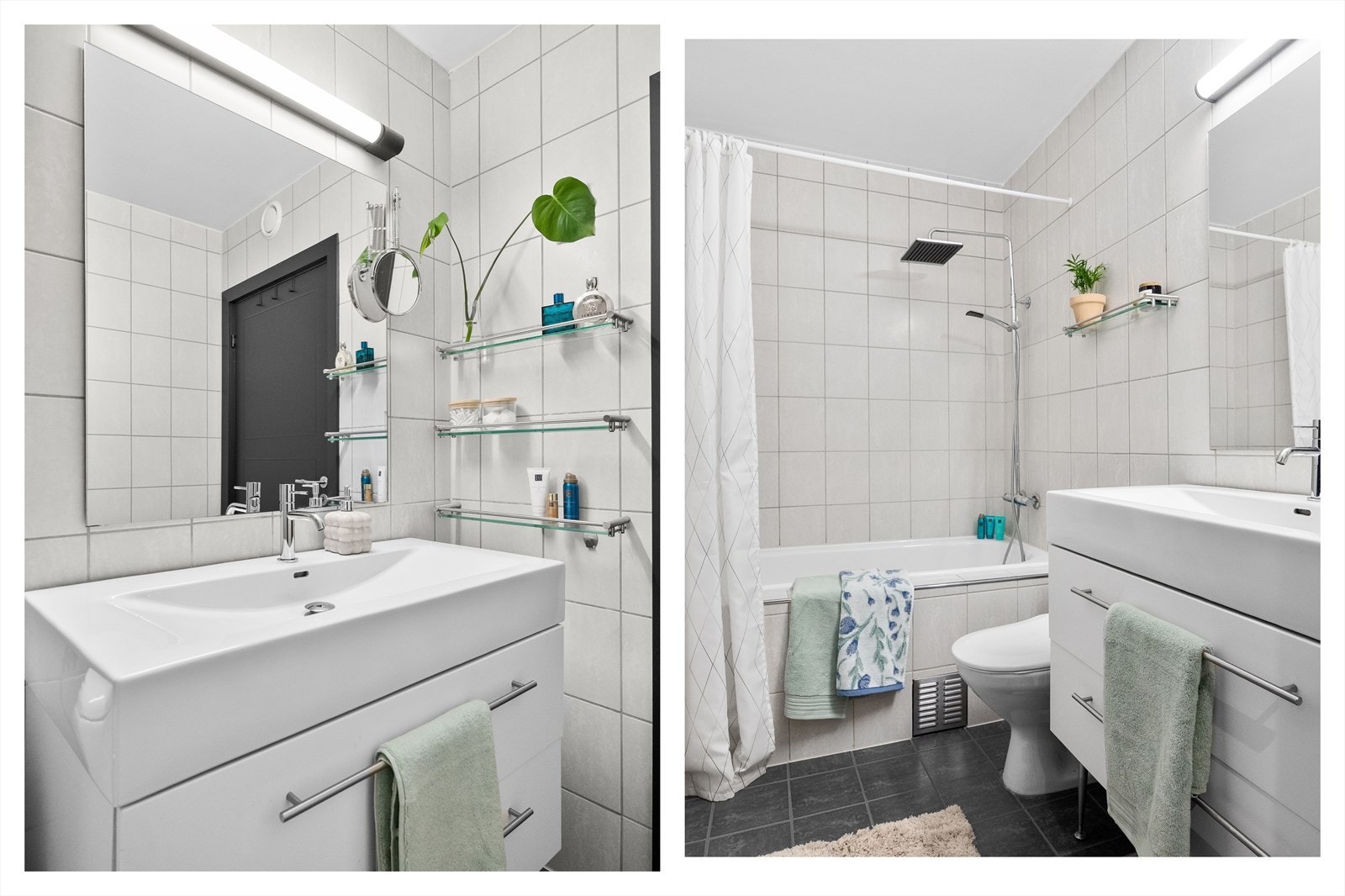 Bad 2 er innredet med servant med underskap, badekar og toalett. Galleribilde