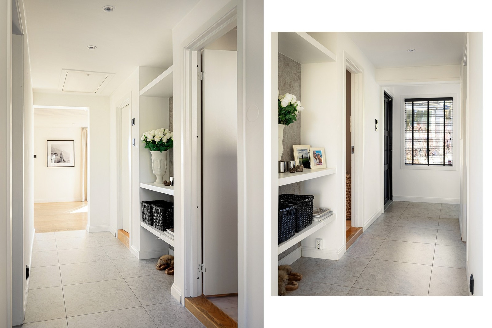 Varmekabler i flislagt entré. Lagring i både skap og kott. Galleribilde