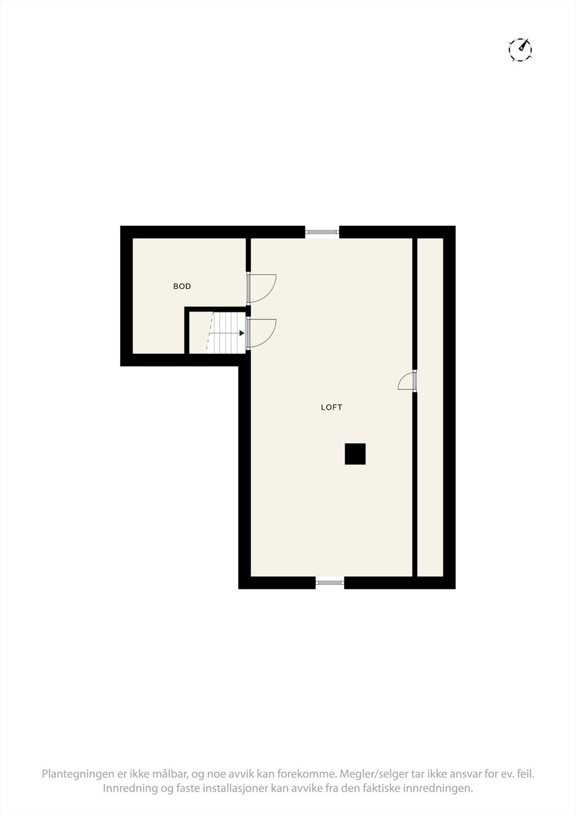 Plantegningen av loftet viser en åpen loftstue og en tilhørende bod. Galleribilde