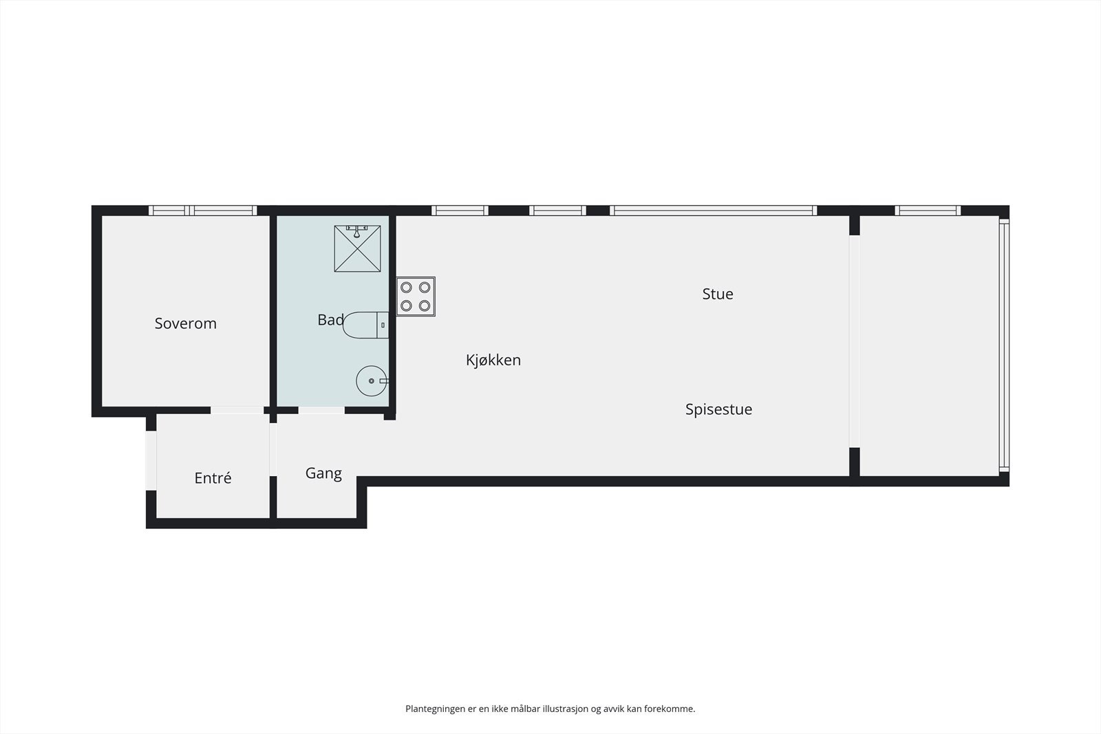 Leiligheten på 50 m² har en arealeffektiv planløsning med åpen sone for stue og kjøkken. Galleribilde