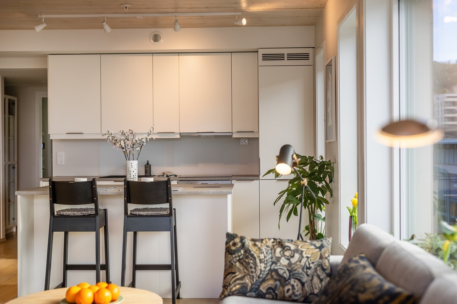 Veltilpasset kjøkken, utstyrt med integrert komfyr, oppvaskmaskin og kjøleskap. Galleribilde