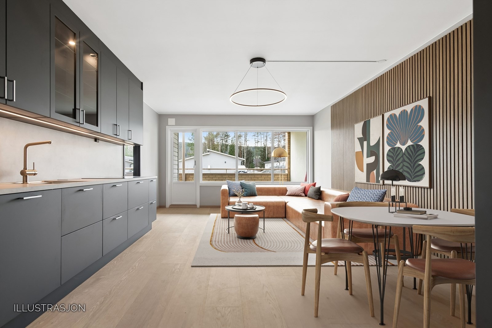 Stuen ligger i en åpen og sosial løsning sammen med kjøkkenet, noe som gir en romslig og gjennomført moderne følelse. Dette er kun en illustrasjon som viser hvordan rommet kan innredes. Faktisk romløsning og utførelse fremgår av de umøblerte bildene. Galleribilde