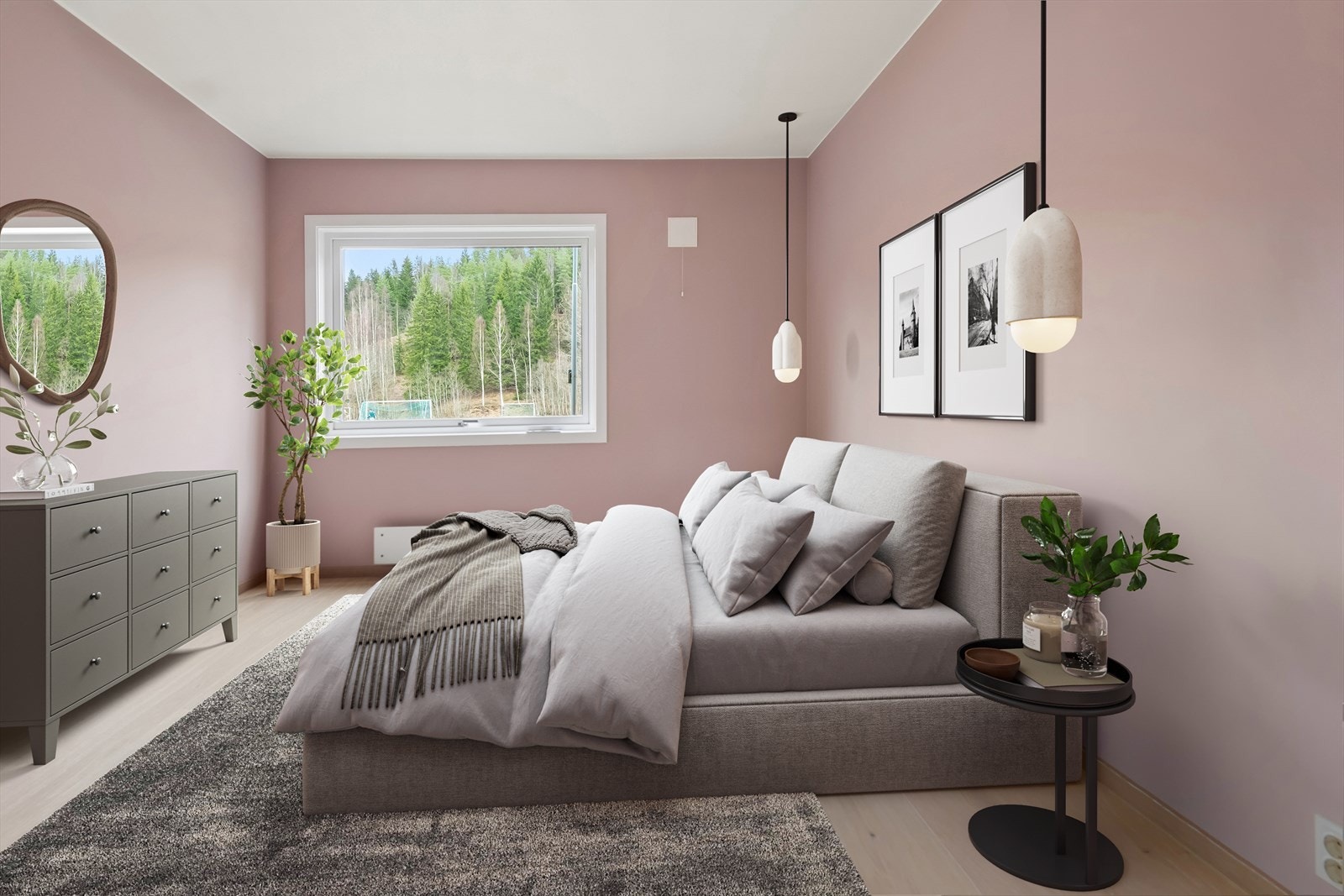 Bildet viser soverommet møblert med seng og interiør. Dette er kun en illustrasjon som viser hvordan rommet kan innredes. Faktisk romløsning og utførelse fremgår av de umøblerte bildene. Galleribilde