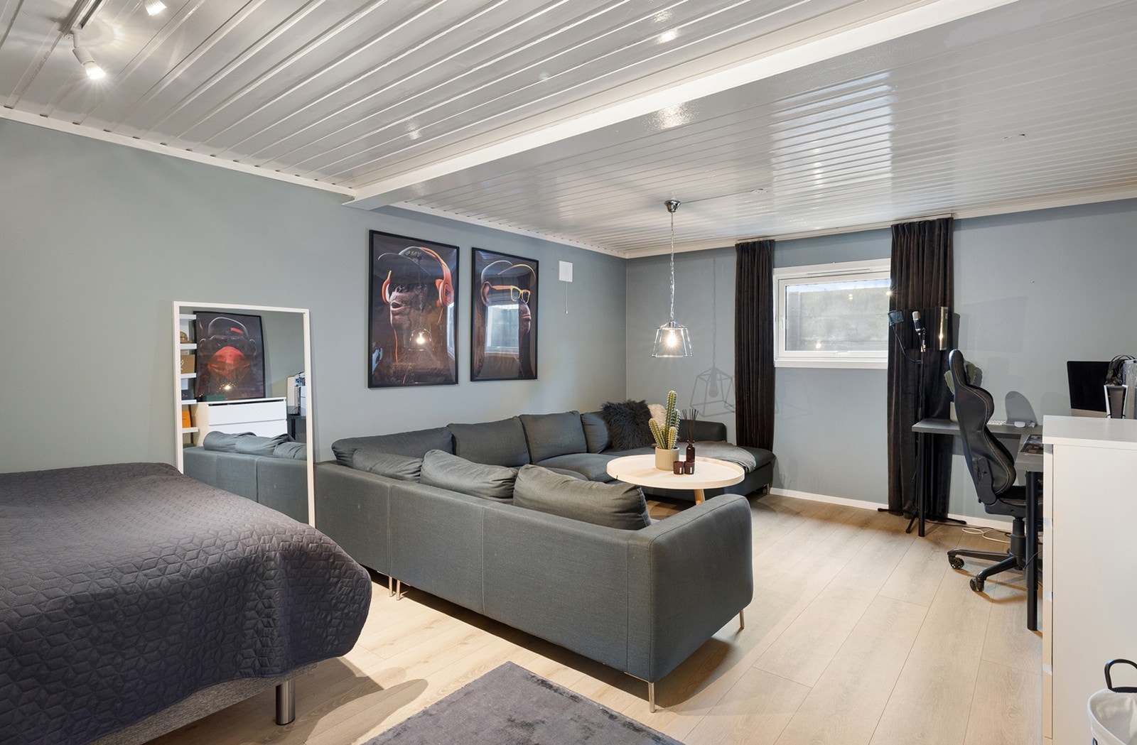 Romslig og fleksibelt rom i kjelleretasjen som i dag benyttes som kombinert kjellerstue og soverom. Galleribilde