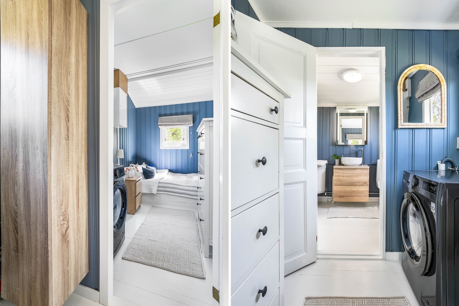 Rør-opplegg til vaskemaskin er etablert i soverommet, som etter endringen i romløsningen er tilknyttet toalettrommet. Galleribilde