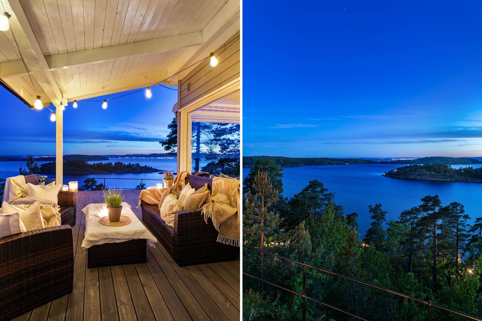 Etter mørkets frembrudd blir lysene fra bebyggelsen på motsatt side av fjorden et pent og funklende bakteppe. Galleribilde