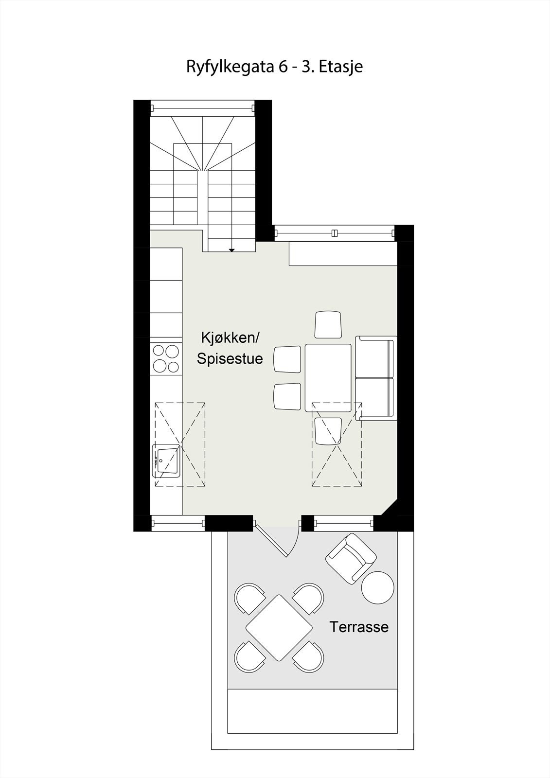 3. etasjen rommer et fantastisk allrom med kjøkken, spisestue og utgang til en solrik takterrasse. Galleribilde