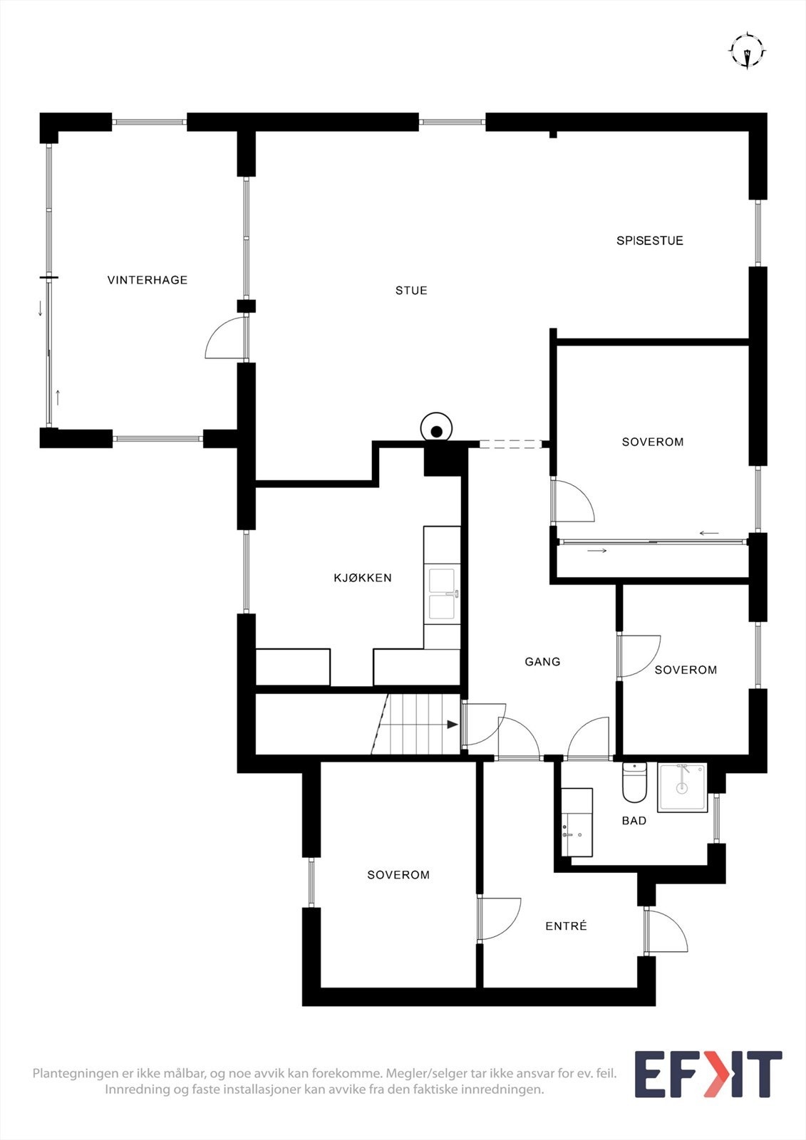 Hovedetasjen har en praktisk planløsning med tre soverom, bad, kjøkken og stue med tilknyttet spisestue. Galleribilde