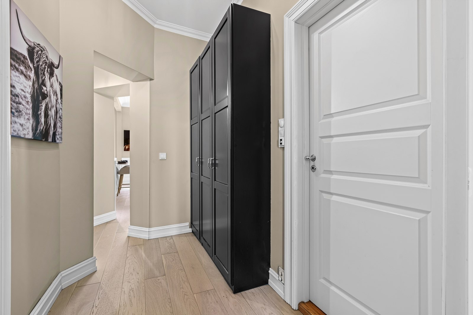 Boligen har en luftig entré som egner seg godt til å ta imot middagsgjester. Det er én-stavs parkett på gulv og et moderne fargevalg på vegger. Dette er gjennomgående for boligens øvrige rom. Galleribilde