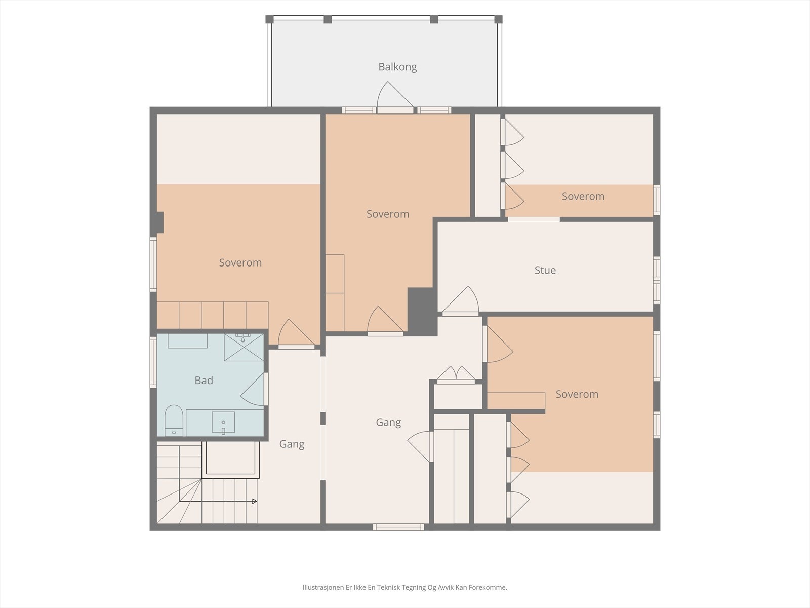Plantegning 2.etasje. Det foreligger ikke bygningstegninger på etasjen og det hefter derfor uvissthet om denne er byggesøkt og godkjent, det henvises til salgsoppgave for mer utfyllende tekst. Rommene er derfor beskrevet slik de fremstår i dag. Galleribilde