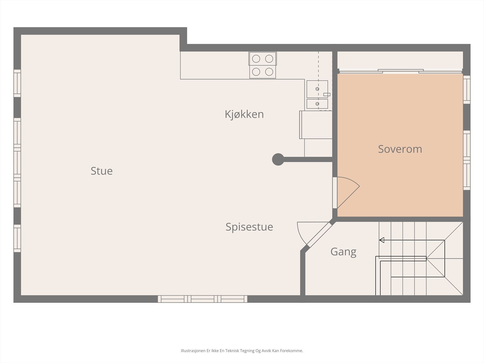 Plantegning 2.etasje. Det foreligger ikke bygningstegninger på etasjen og det hefter derfor uvissthet om denne er byggesøkt og godkjent og det henvises til salgsoppgave for mer utfyllende tekst.. Rommene er derfor beskrevet slik de fremstår i dag. Galleribilde