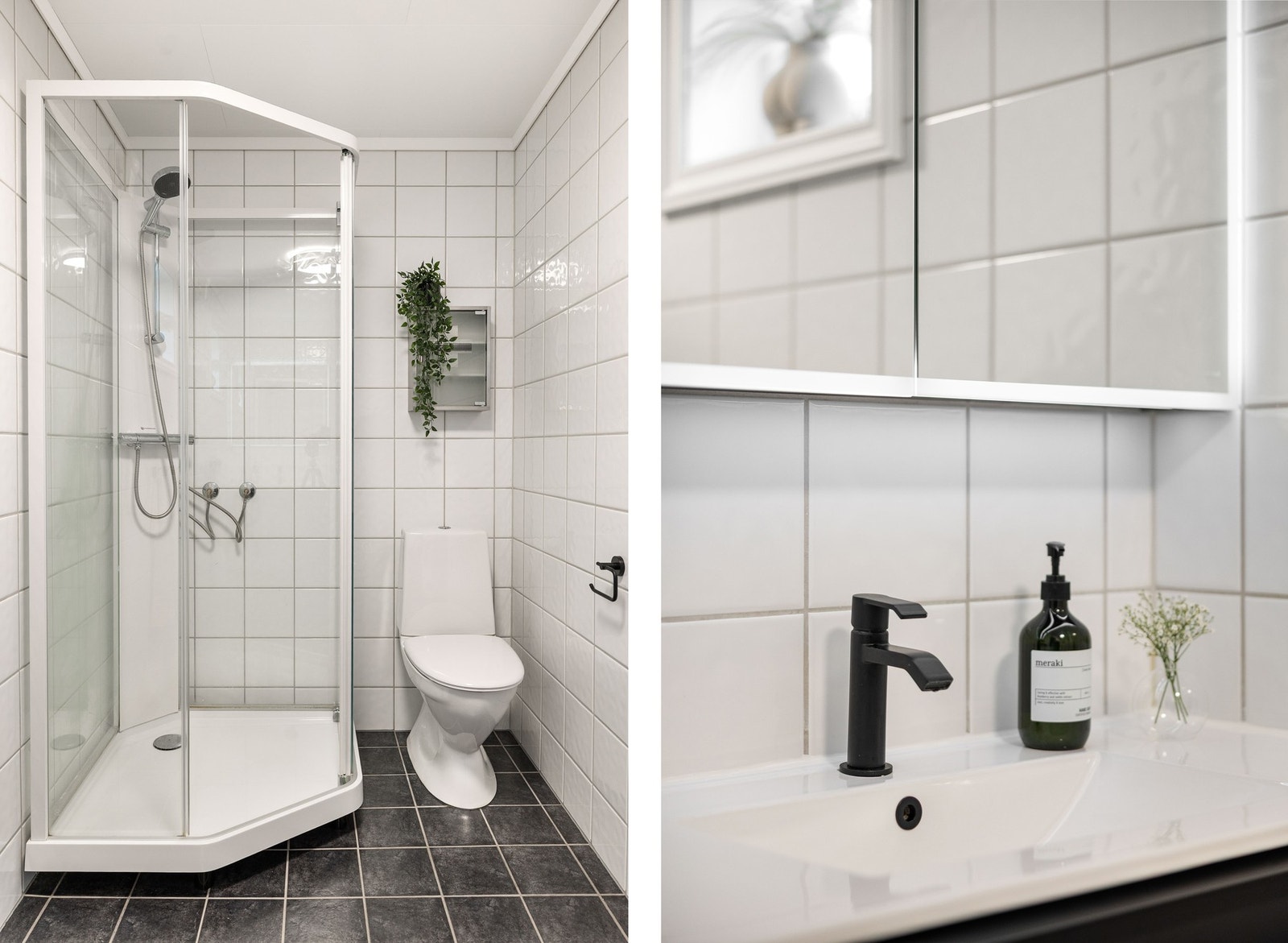 Lyst og pent bad med Porsgrunn Showerama dusjkabinett, servant med tilhørende innredning, speilskap fra Scala Bad, samt toalett (alt nytt ca. 2022). Det er også opplegg for vaskemaskin. Galleribilde