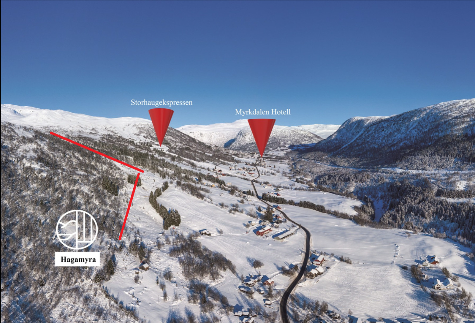 Tomtenes plassering i forhold til skianlegg etc. Tilførselløype illustrert. Galleribilde